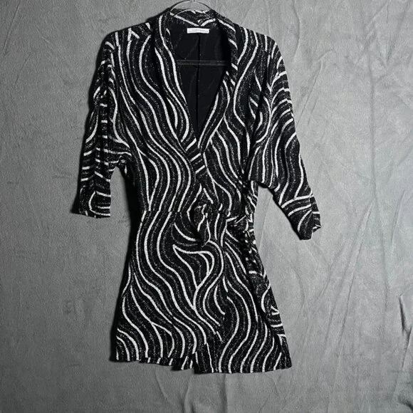 Zara Shiny Shimmery Wrap Dress M Black Silver White - Picture 2 of 6